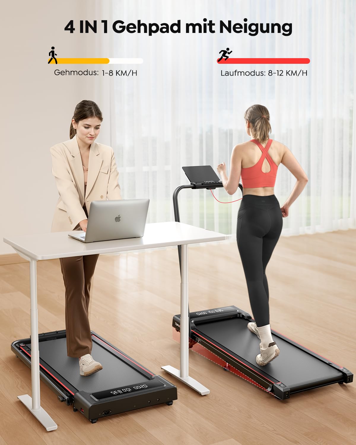 Laufband für Zuhause mit Neigung, 4 IN 1 Walking Pad, 12km/h Klappbar Laufband mit Steigung, 2.5HP Under Desk Schreibtisch Treadmill für Zuhause & Büro, Fernbedienung und App, Stummschalttaste