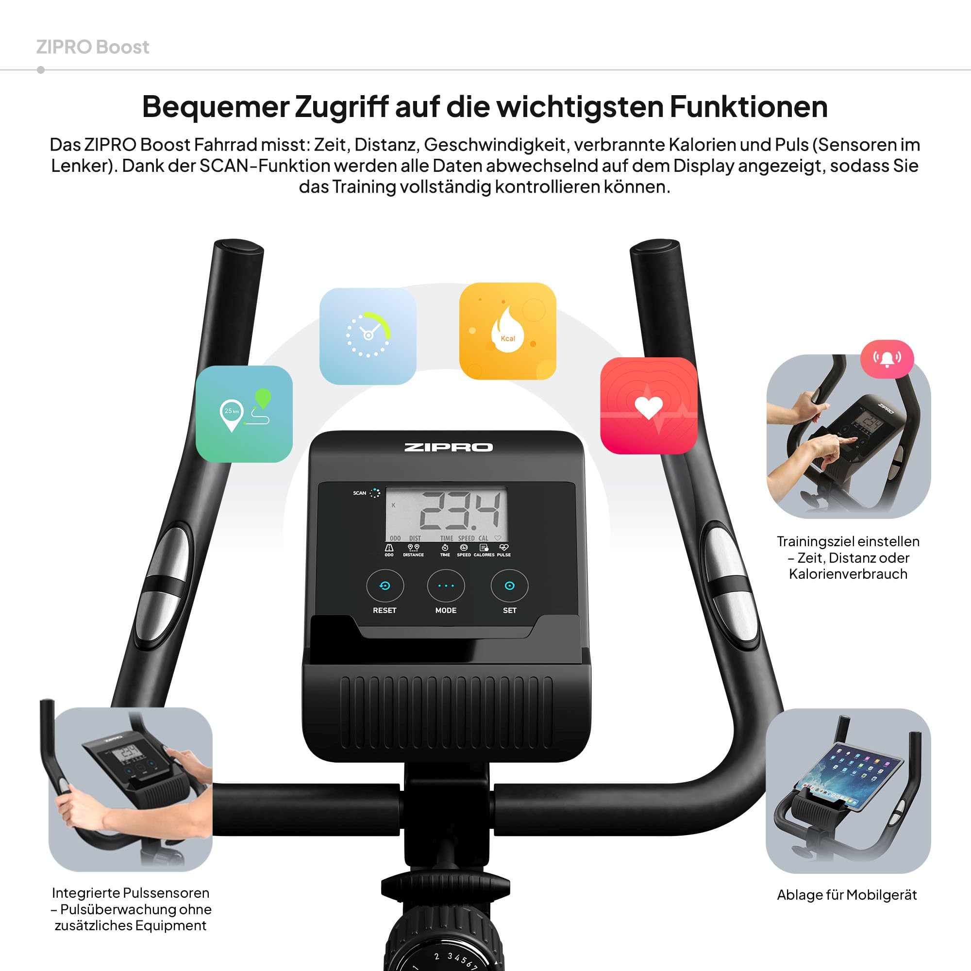 Zipro Heimtrainer Fahrrad Boost, Ergometer Fitnessbikes, Magnetisches Fahrradtrainer, Ergometer Fahrrad bis 120kg, Indoor Bike, Trainingsfahrrad für zuhause, Fahrradergometer Batteriebetrieben