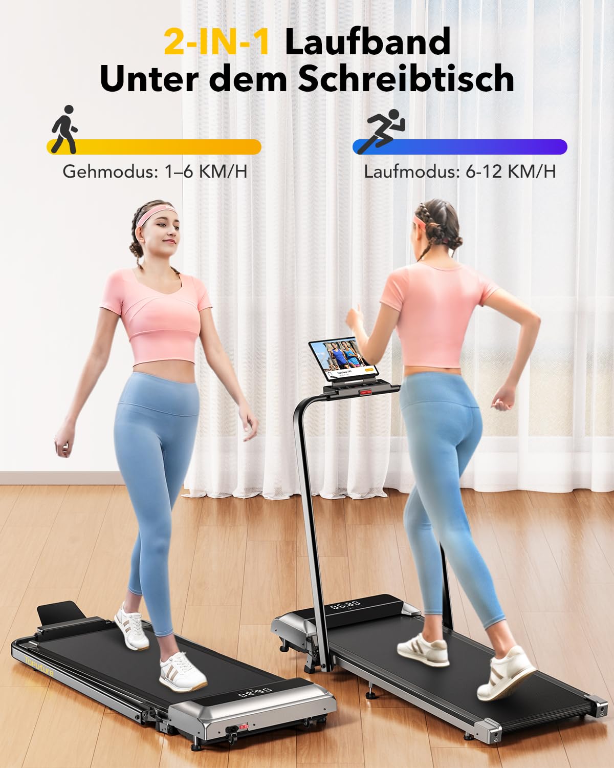 Laufband für Zuhause mit Neigung, 2 in 1 Walking Pad, 12km/h Klappbar Laufband mit Steigung, 2.5HP Under Desk Schreibtisch Treadmill für Zuhause & Büro, Fernbedienung und App, Keine Installation