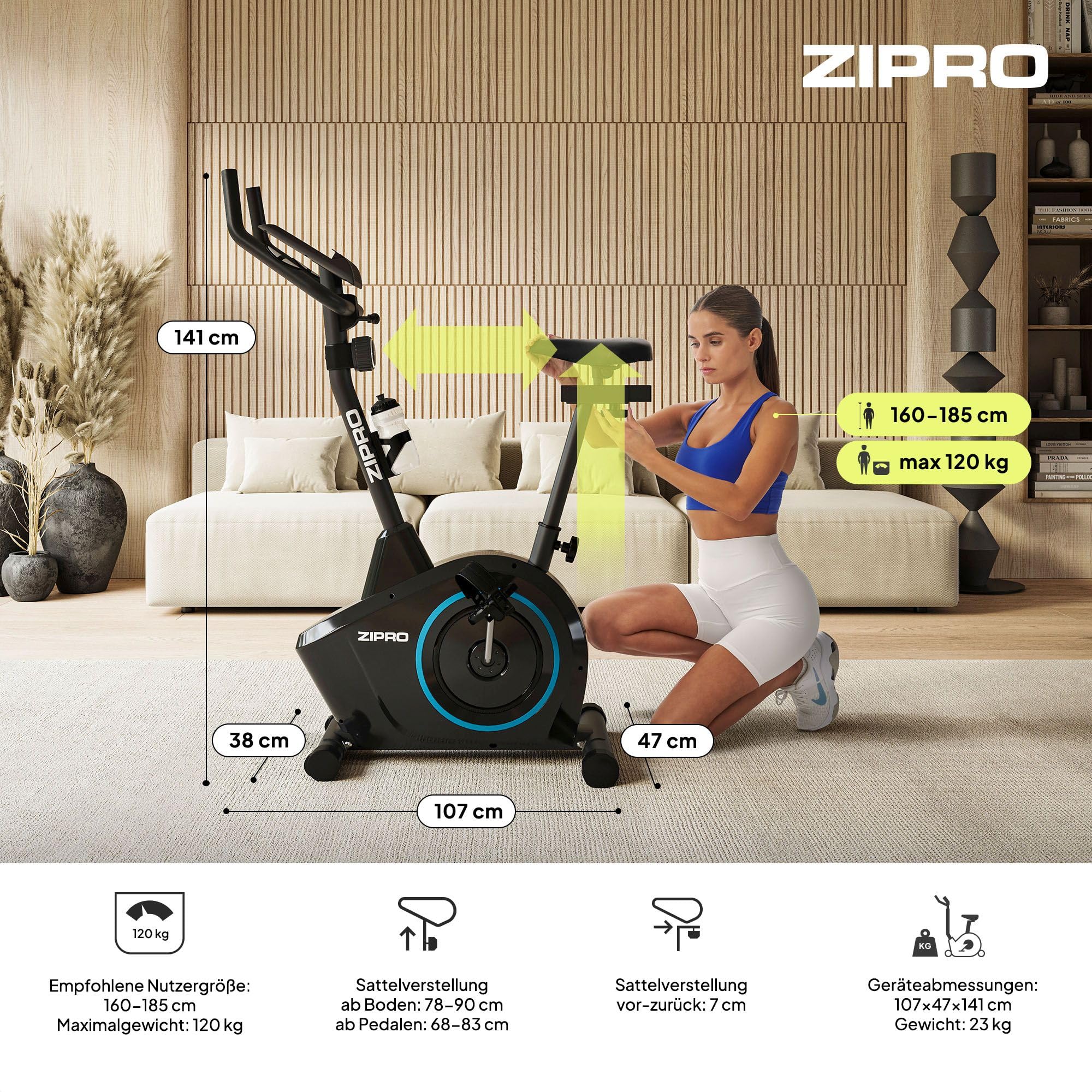 Zipro Heimtrainer Fahrrad Boost, Ergometer Fitnessbikes, Magnetisches Fahrradtrainer, Ergometer Fahrrad bis 120kg, Indoor Bike, Trainingsfahrrad für zuhause, Fahrradergometer Batteriebetrieben