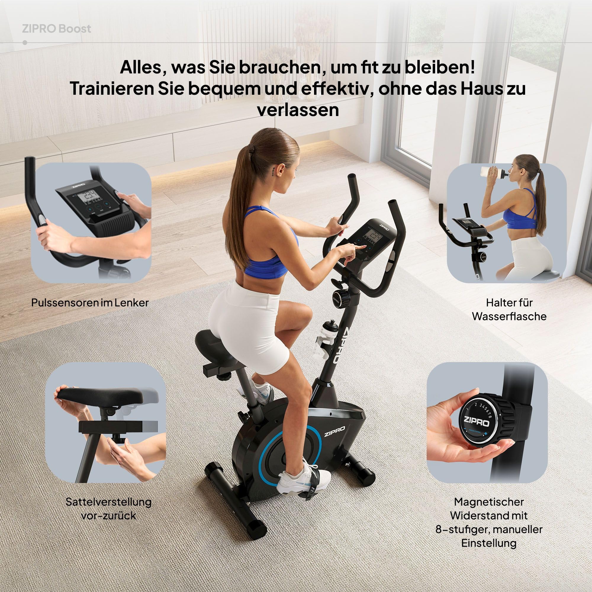 Zipro Heimtrainer Fahrrad Boost, Ergometer Fitnessbikes, Magnetisches Fahrradtrainer, Ergometer Fahrrad bis 120kg, Indoor Bike, Trainingsfahrrad für zuhause, Fahrradergometer Batteriebetrieben